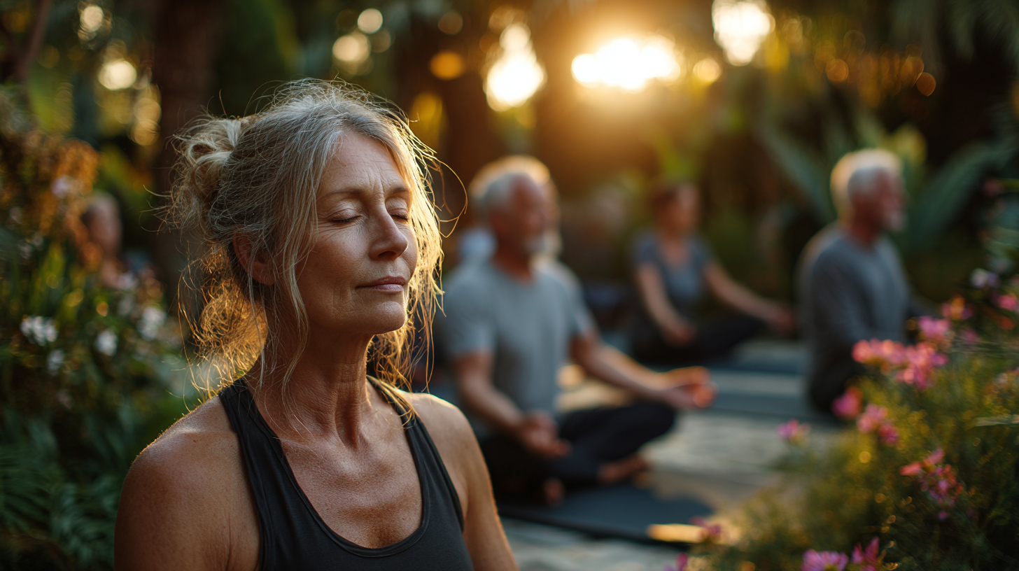 Seniori practicând yoga în grup
