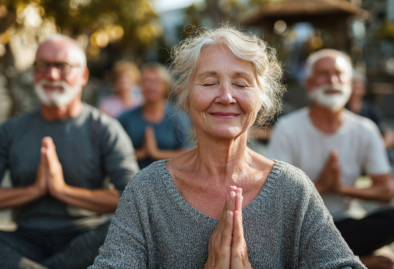 Senior practicând meditație în natură
